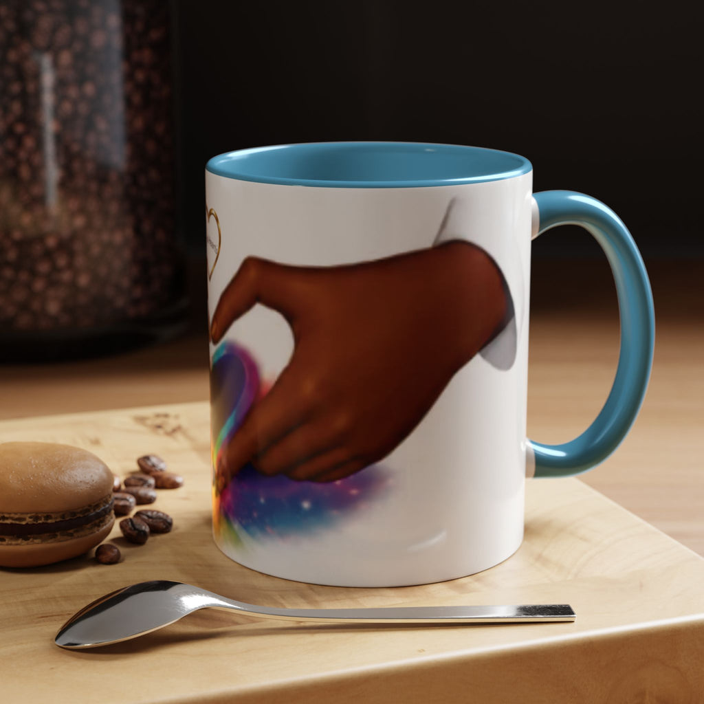Link Hearts™ Unity Heart Mug. Rainbow Heart Hands Coffee Cup (Love & Unity)