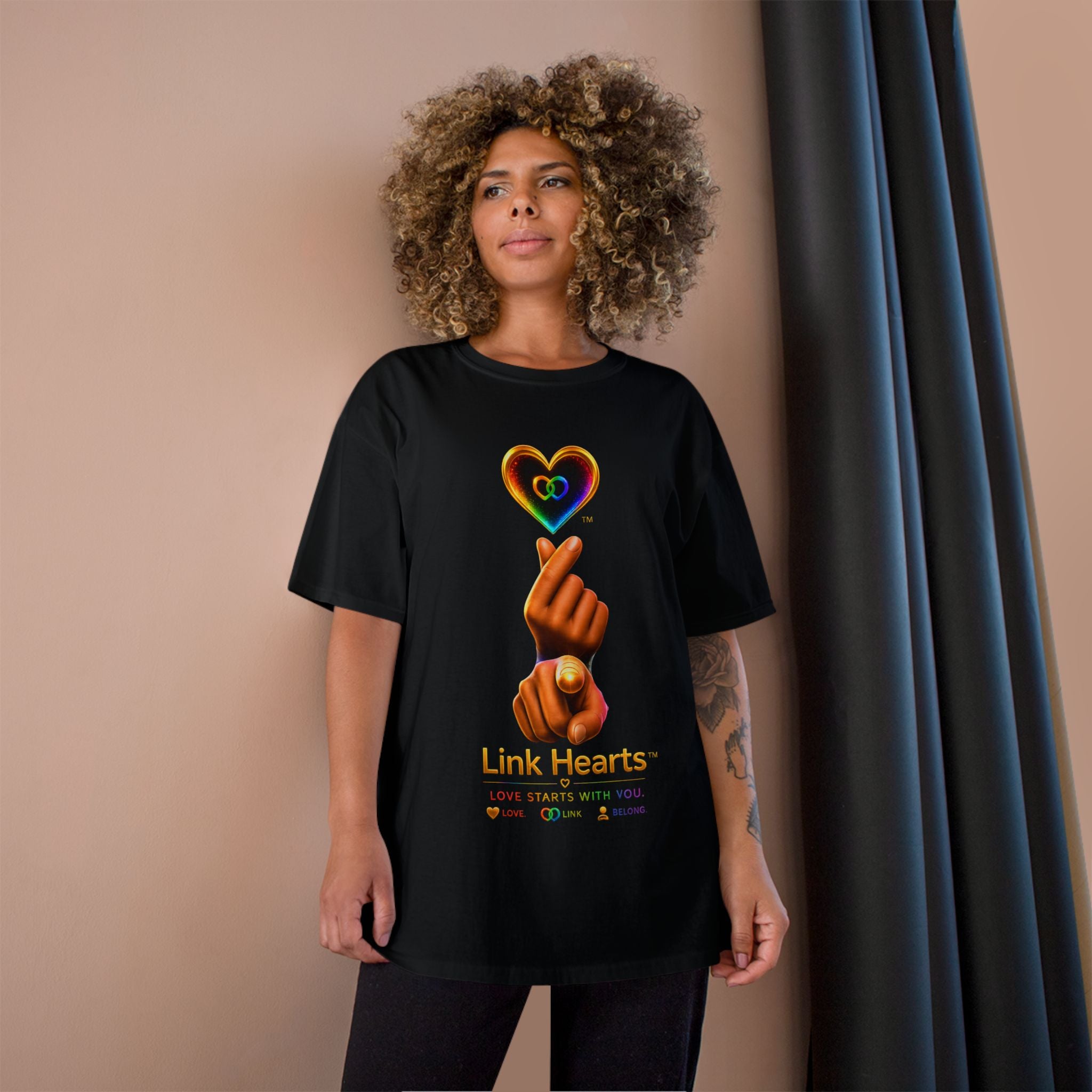 Link Hearts™ T-Shirt — Rainbow Finger Heart Love Graphic Tee