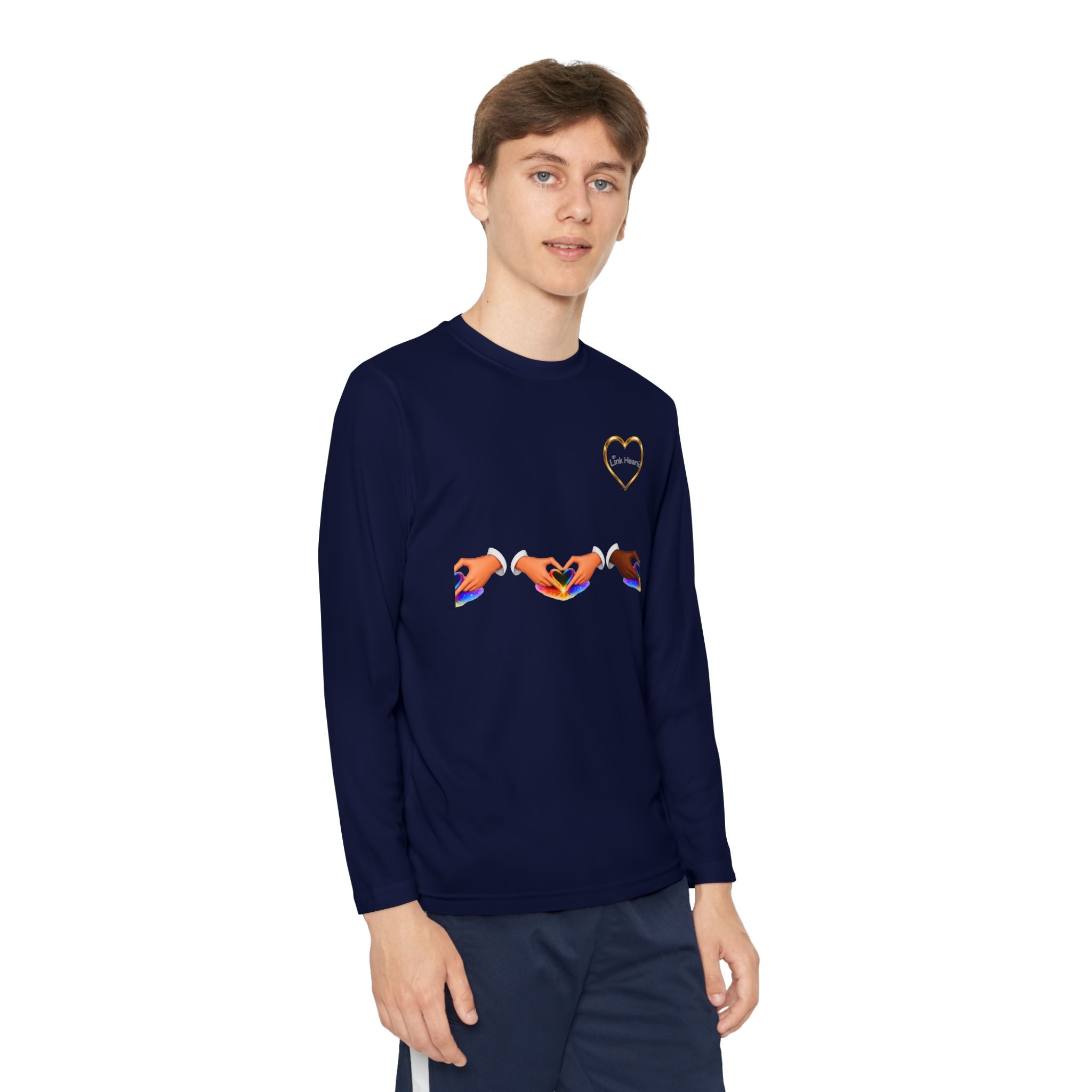 Link Hearts™ Youth Long Sleeve Tee – Rainbow Hand Heart Design (Love Unity)
