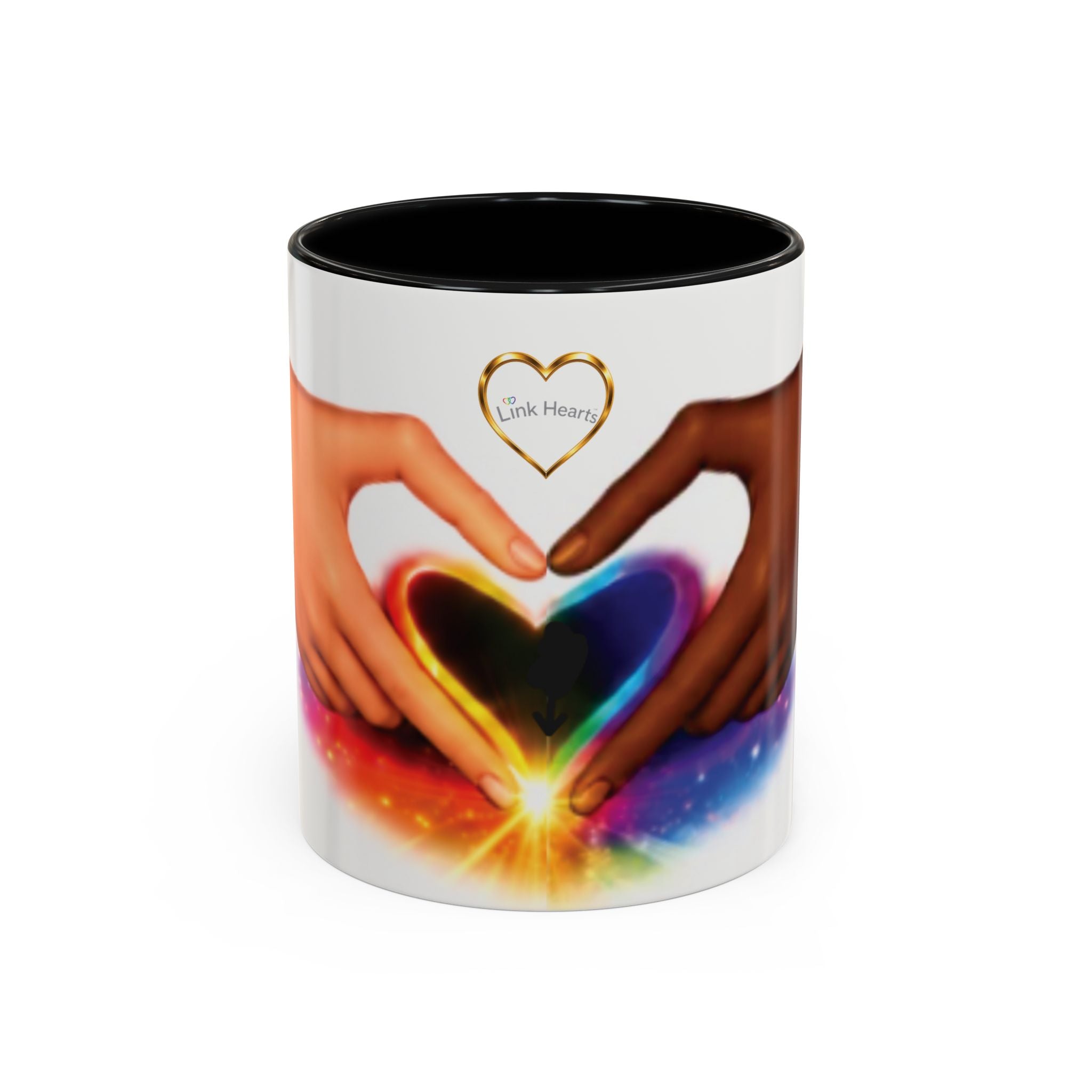 Link Hearts™ Unity Heart Mug. Rainbow Heart Hands Coffee Cup (Love & Unity)