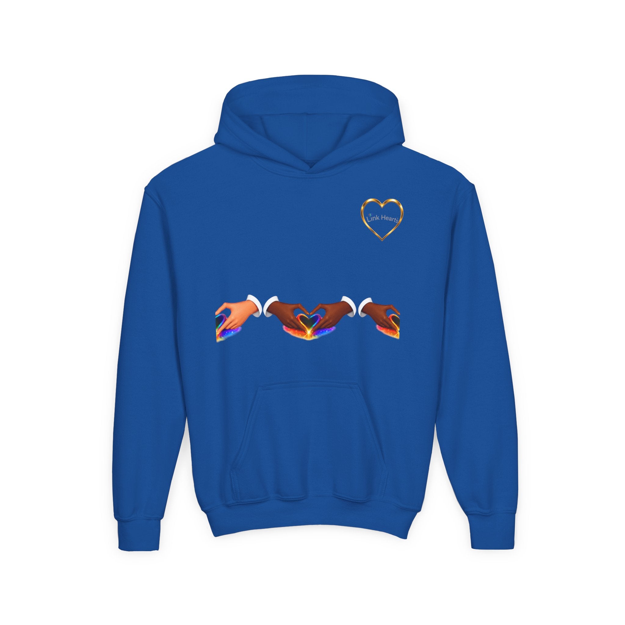 Youth Hoodie — Rainbow Heart Hand Heart Design
