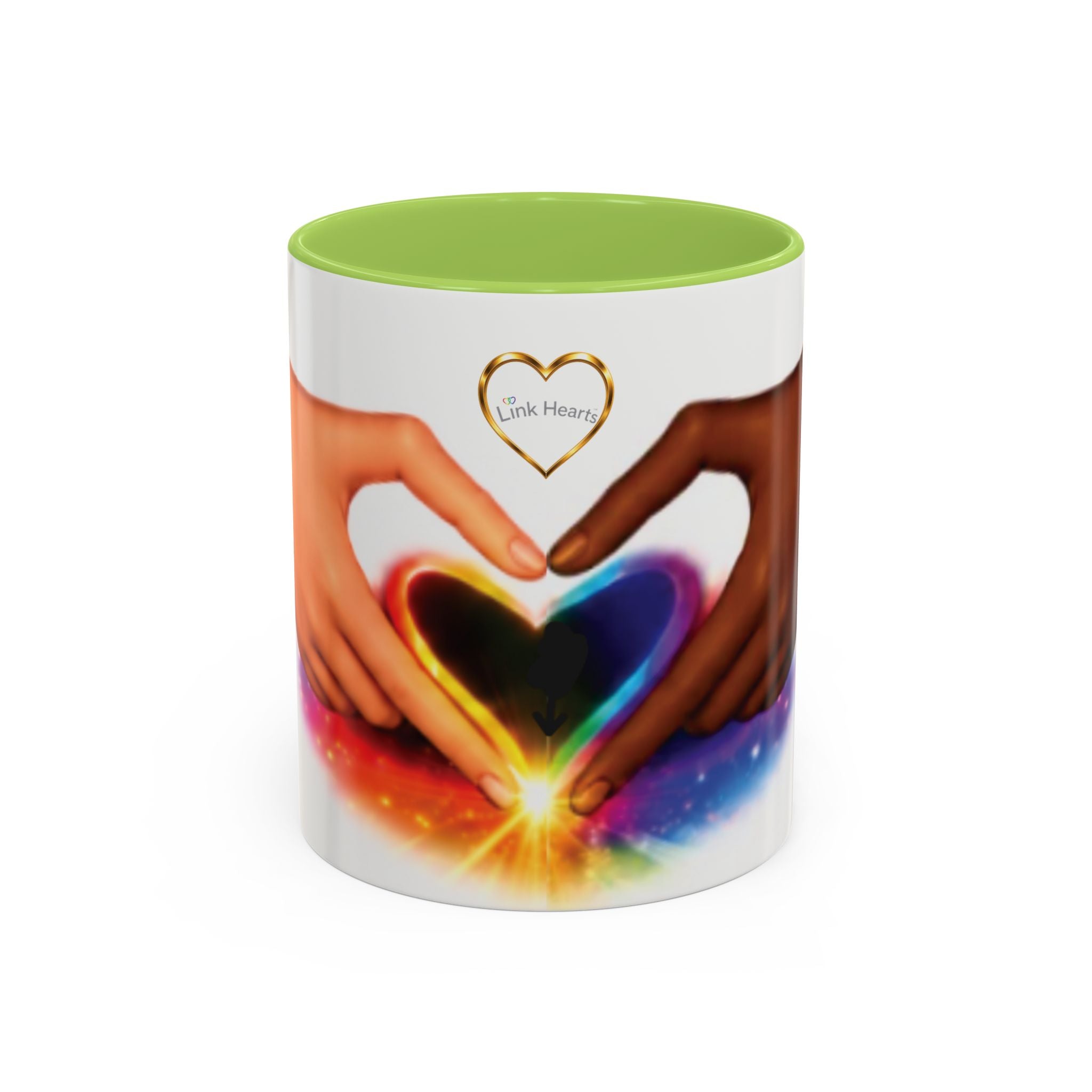 Link Hearts™ Unity Heart Mug. Rainbow Heart Hands Coffee Cup (Love & Unity)