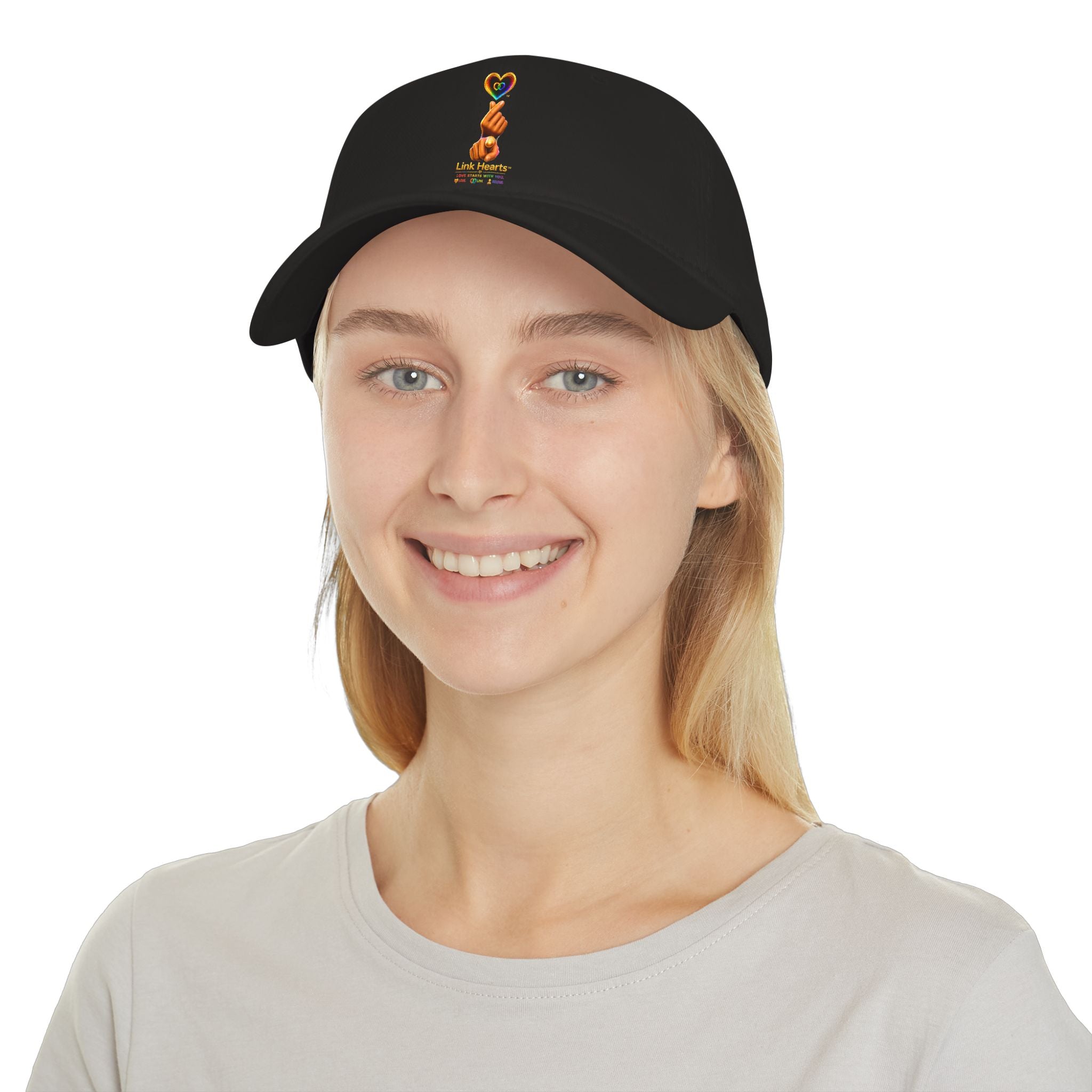 Link Hearts™ — 'Little Hearts' Rainbow Finger Heart Logo Low Profile Baseball Cap — 'Little Hearts' Rainbow Finger Heart Embroidered Cap